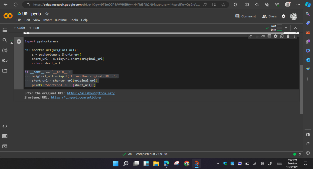Python URL Shortener Code Output