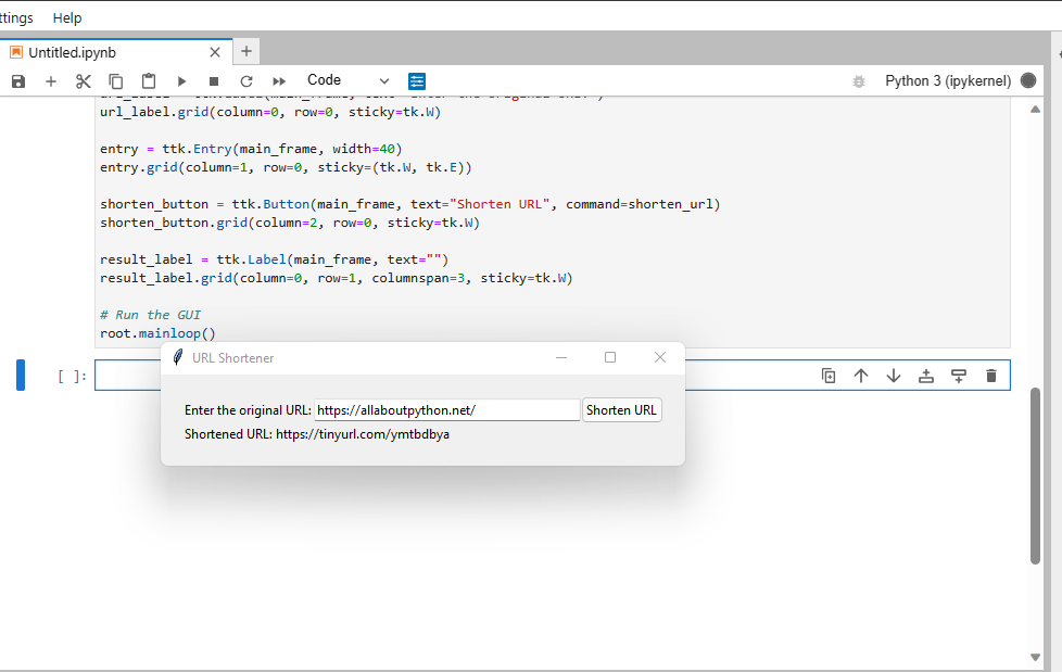 Python URL Shortener with GUI Code Output